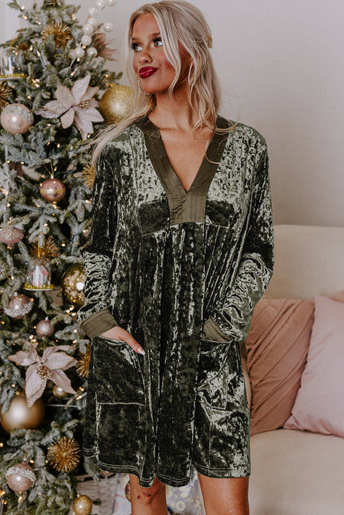 Crushed Velvet V Neck Relaxed Tunic Dress