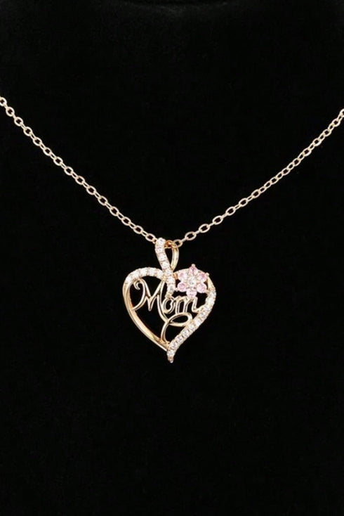 Crystal Heart Floral Script Mom Pendant Necklace
