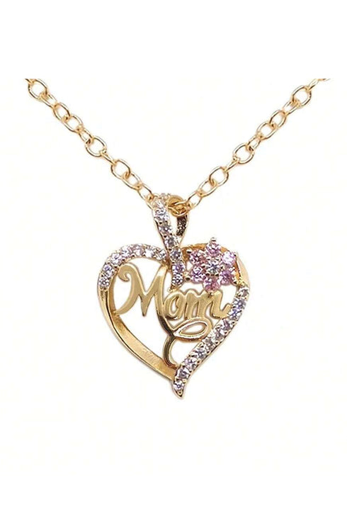 Crystal Heart Floral Script Mom Pendant Necklace
