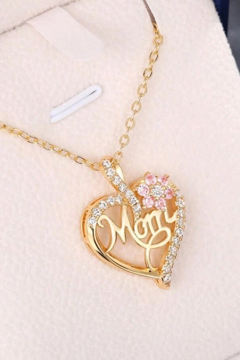 Crystal Heart Floral Script Mom Pendant Necklace