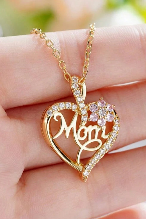 Crystal Heart Floral Script Mom Pendant Necklace
