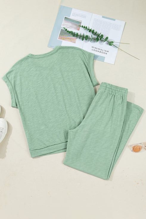 Cuffed Sleeve Tee And Wide Leg Drawstring Pant Set