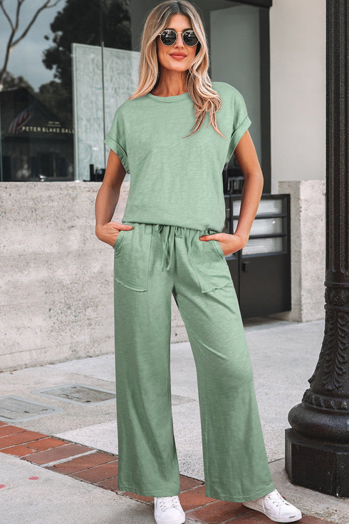 Cuffed Sleeve Tee And Wide Leg Drawstring Pant Set