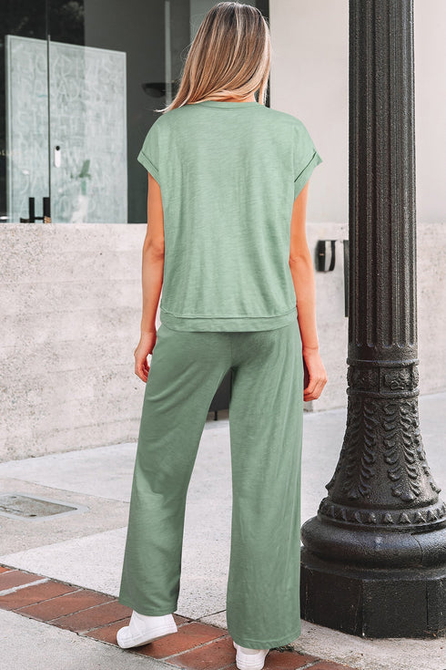 Cuffed Sleeve Tee And Wide Leg Drawstring Pant Set