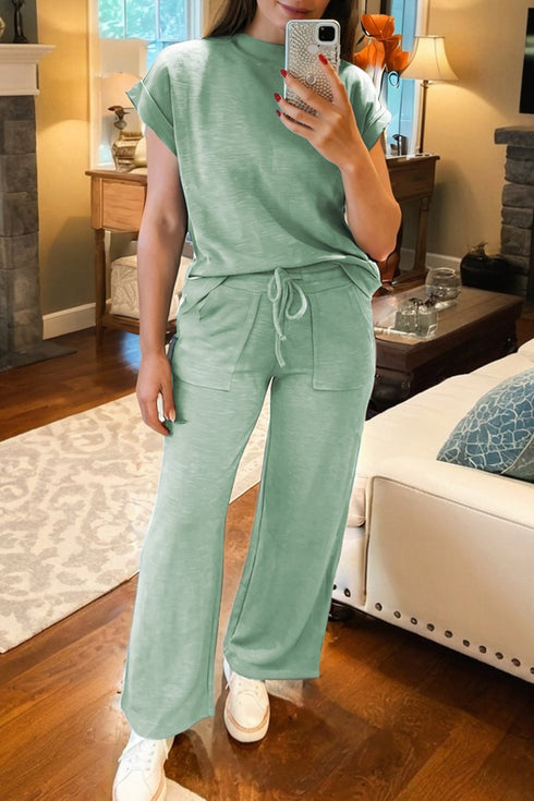 Cuffed Sleeve Tee And Wide Leg Drawstring Pant Set