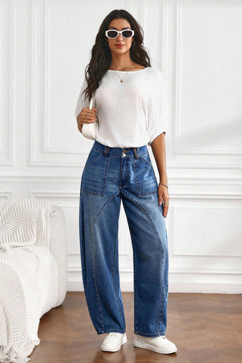 Curved Seam Ankle Length Cotton Rich Barrel Denim Jeans