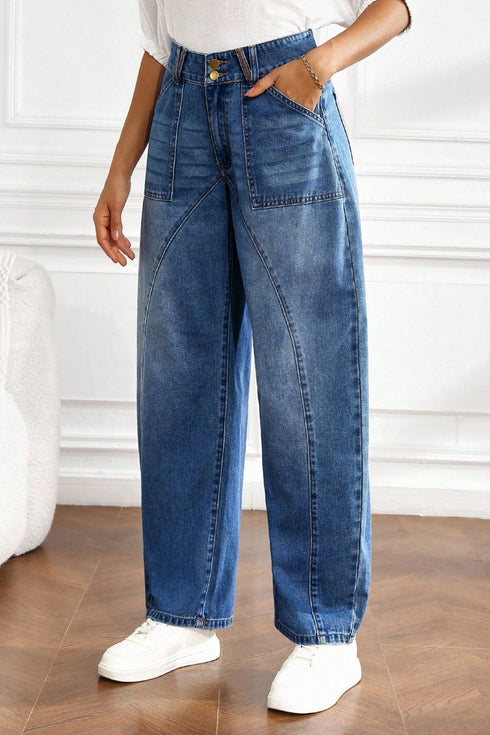 Curved Seam Ankle Length Cotton Rich Barrel Denim Jeans