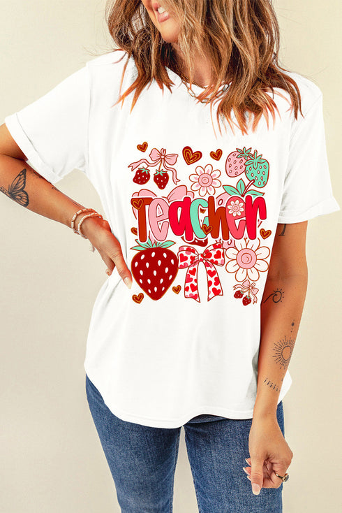 Cute Strawberry Floral Teacher Appreciation Graphic Print Tee