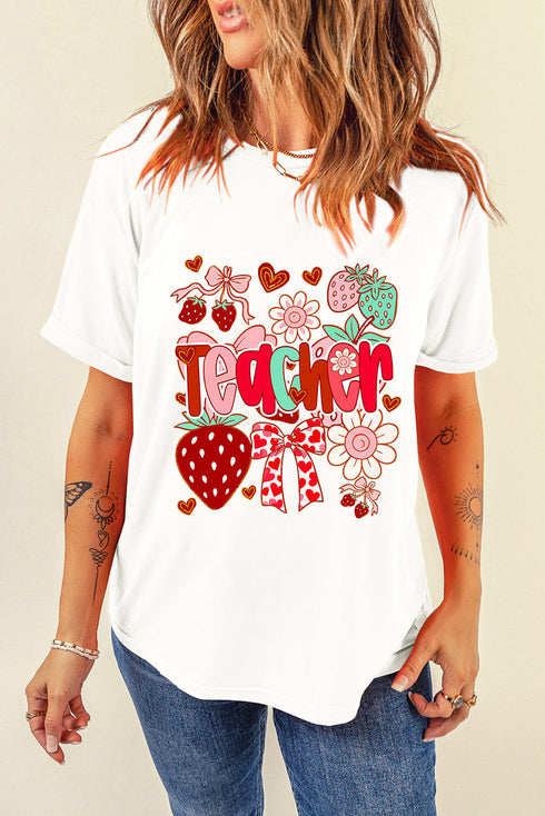 Cute Strawberry Floral Teacher Appreciation Graphic Print Tee