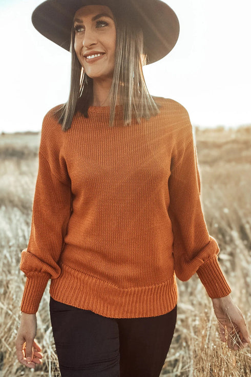 Cutout Notched Crew Neck Drop Shoulder Ribbed Trim Sweater