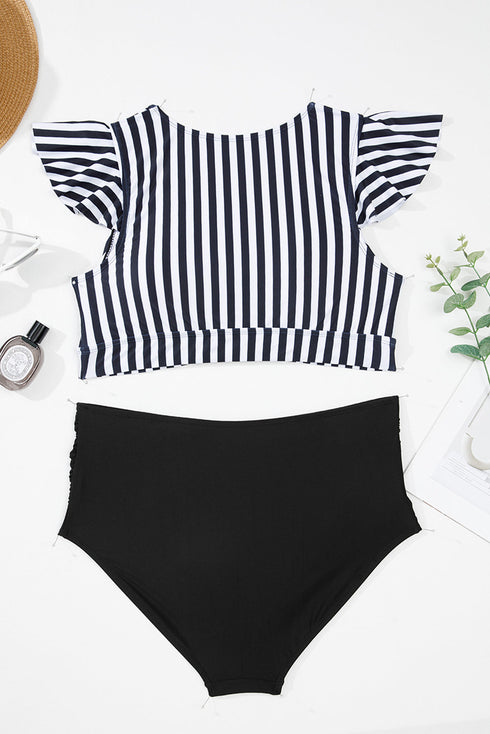 Striped Knot Cutout Ruffle Sleeve High Waisted Swimsuit
