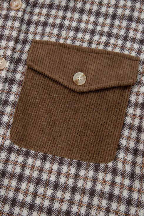 Corduroy Textured Patchwork Flap Pocket Plaid Shacket