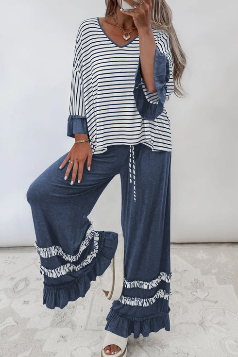 Striped Ruffle Sleeve V Neck Drawstring Pant Set