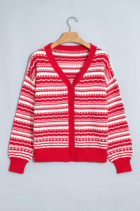Geometric Striped Pattern V Neck Button Front Cardigan