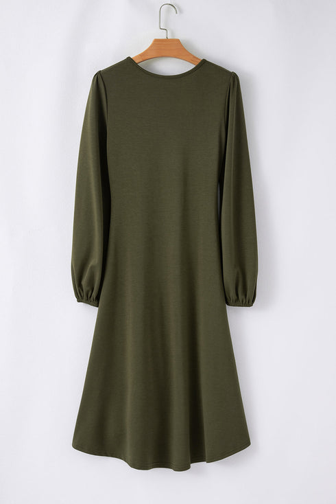 Ruched Detail Long Sleeve Textured Finish Midi Dress