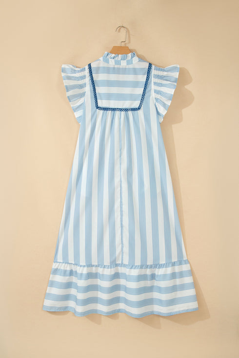 Striped Lace Detail Ruffle Trim A Line Maxi Dress