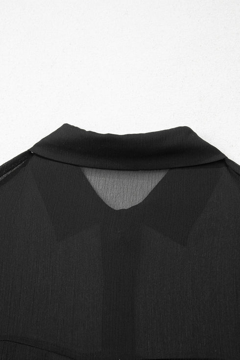 Sheer Long Sleeve Button Down Collar Beach Shirt