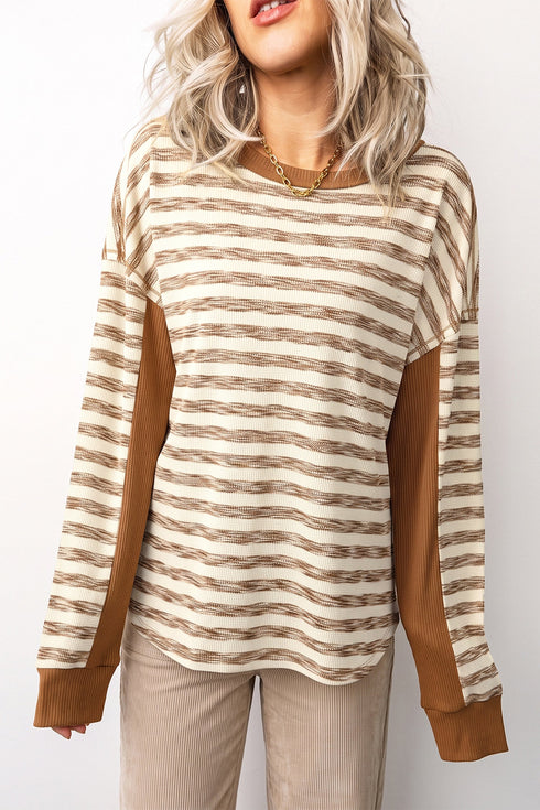 Striped Waffle Knit Round Neck Long Sleeve Top