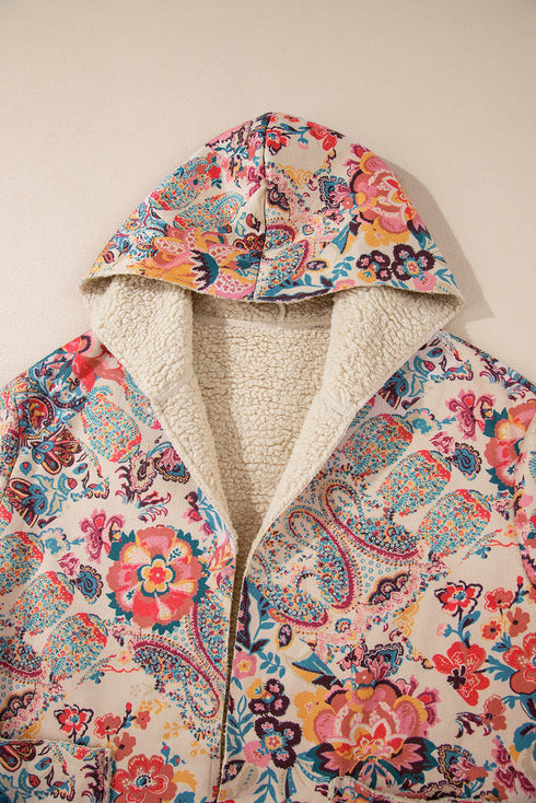 Bohemian Floral Print Sherpa Lined Fleece Hooded Jacket