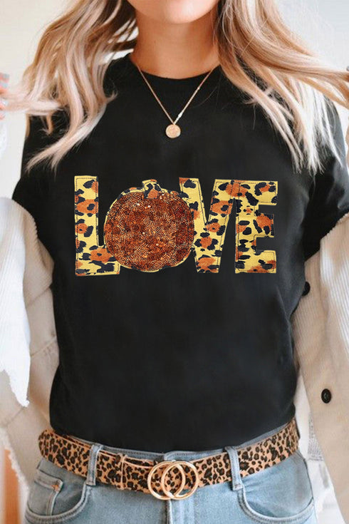 Sequin Pumpkin Leopard Print Love Graphic Tee
