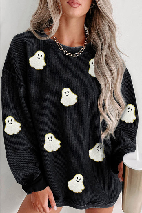 Polyester Oversized Ghost Print Pullover Corded Sweatshirt