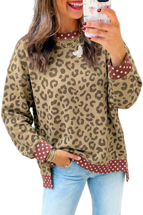 Polka Dot Trim Leopard Long Sleeve Top