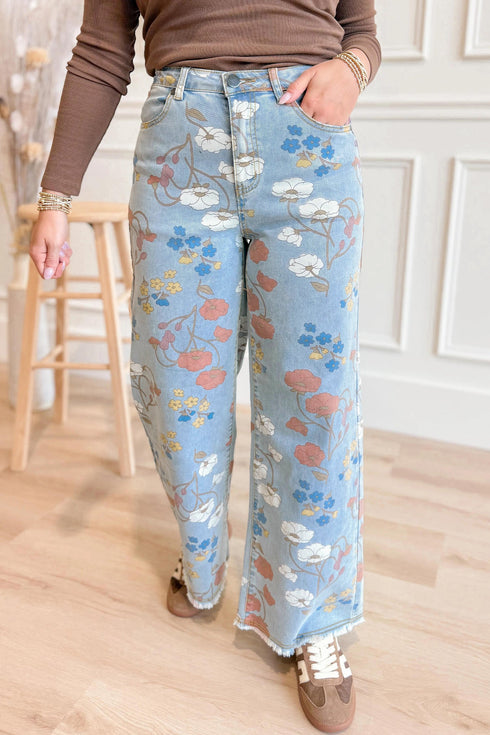 All Over Floral Print Raw Hem Wide Leg Jeans
