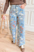 All Over Floral Print Raw Hem Wide Leg Jeans