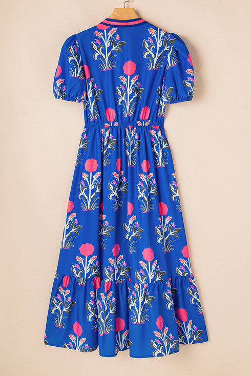 Floral Puff Short Sleeve V Neck High Waist Maxi Dress