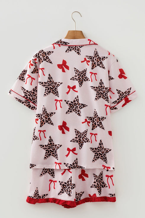 Leopard Star Print Ribbon Bow Contrast Trim Sleepwear