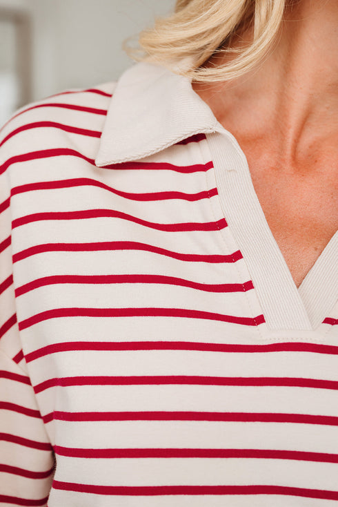 Stripe Cropped Collared Pullover Bubble Skirt Two Piece Dress