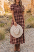 Vintage Plaid Knot Front Smocked Midi Dress