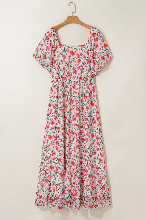 Floral Square Neck Puff Sleeve Ruffle Maxi Dress