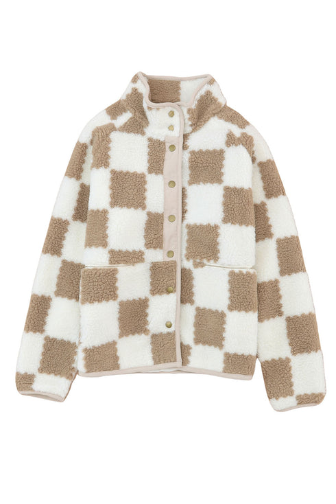 Checkered Plaid Sherpa Fleece Snap Button Jacket