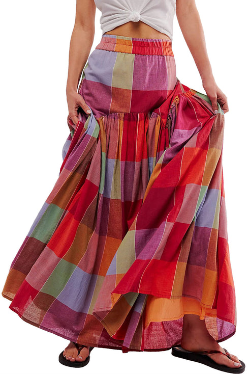 Bohemian Plaid Print Ruched High Waist Maxi Skirt