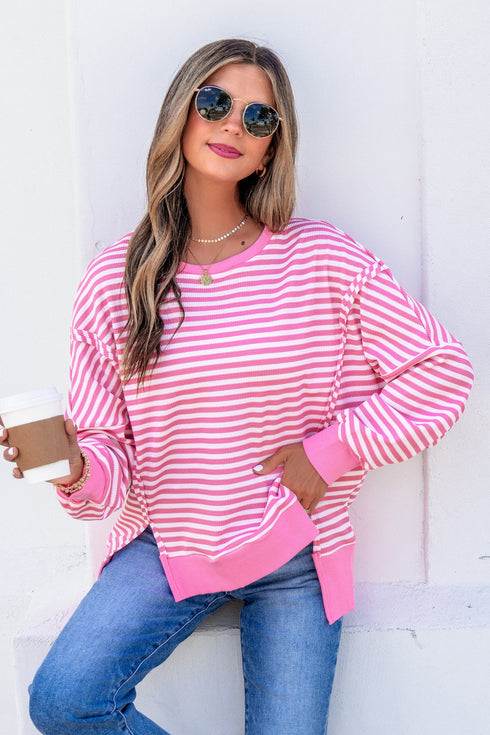 Striped Waffle Knit Split Hem Textured Long Sleeve Top