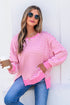 Striped Waffle Knit Split Hem Textured Long Sleeve Top