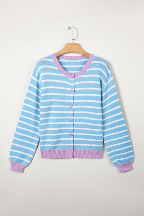 Striped Long Sleeve Round Neck Open Front Cardigan