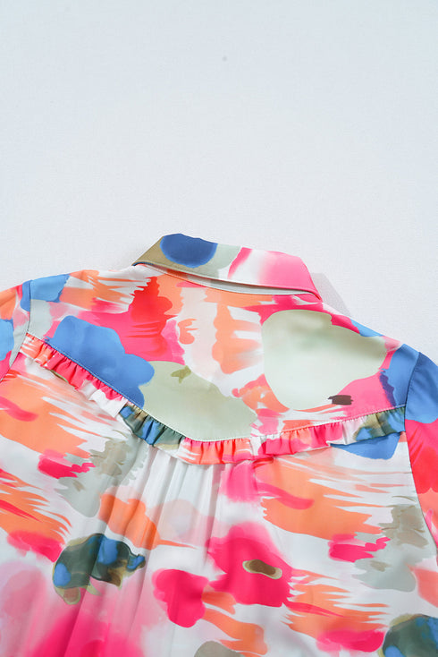 Abstract Floral Print Ruffle Detail Button Down Shirt