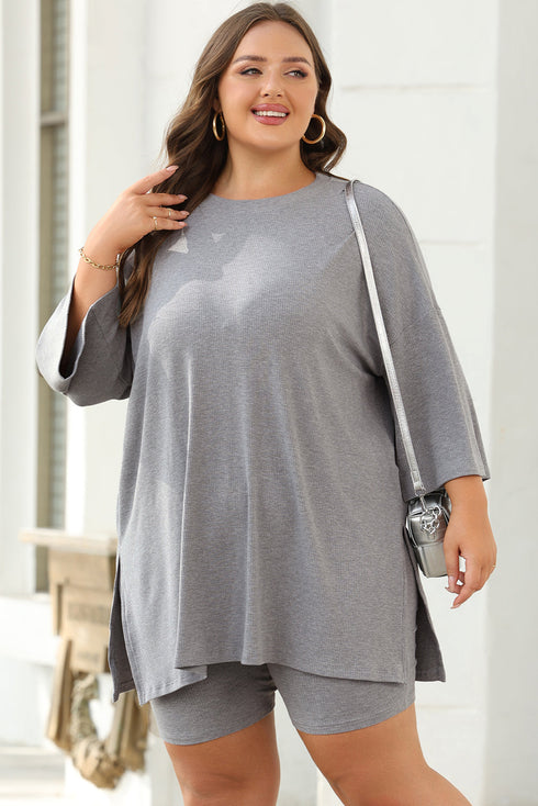 Solid Ribbed Loose Tunic Top And Slim Short Sets