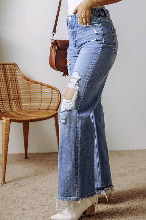 Distressed Cut Out Raw Hem Wide Leg Jeans