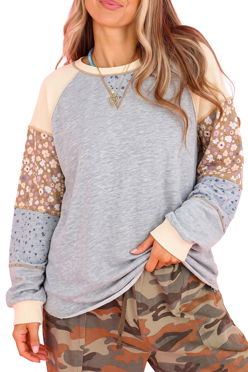 Floral Waffle Mixed Patchwork Long Sleeve Top