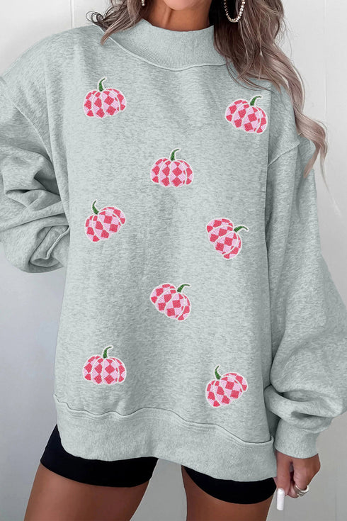 Sequined Pumpkin Graphic Mock Neck Baggy Pullover Sweatshirt