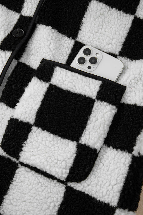 Checkered Collared Buttoned Side Pocket Fleece Jacket