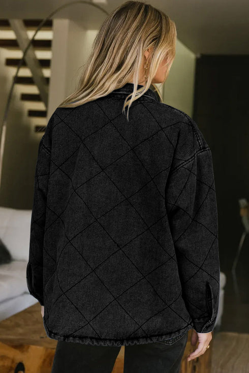 Rhombus Stitched Pattern Button Front Pocketed Jacket