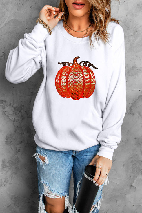 Graphic Sequin Pumpkin Crew Neck Pullover Sweatshirt