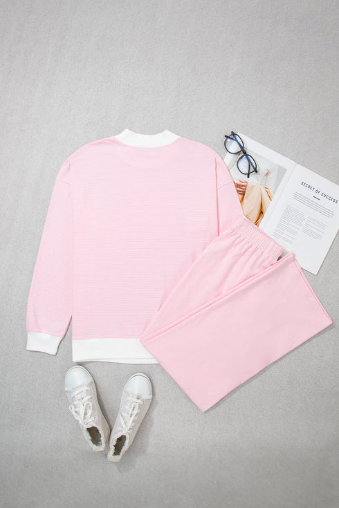 Striped Trim Mock Neck Pullover Drawstring Pants Outfit Pant Set