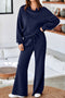 Cowl Neck Drawstring Pullover Wide Leg Athleisure Pant Set