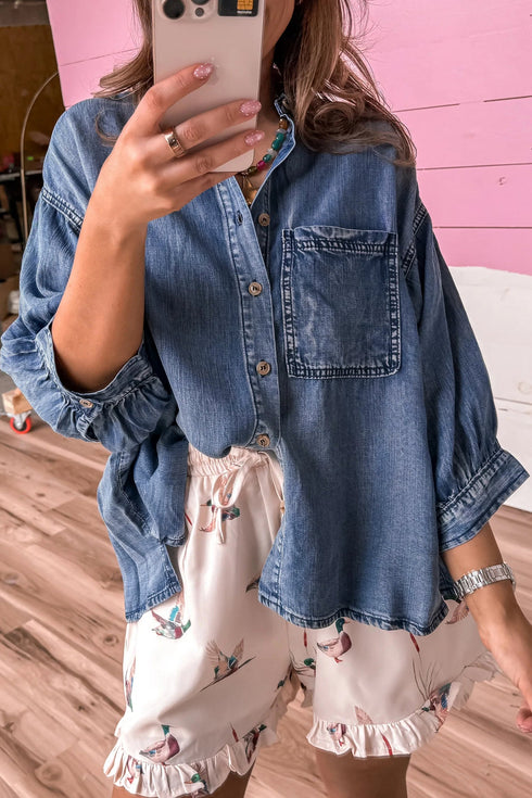 Three Quarter Sleeve Button Front Loose Denim Blouse