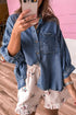 Three Quarter Sleeve Button Front Loose Denim Blouse